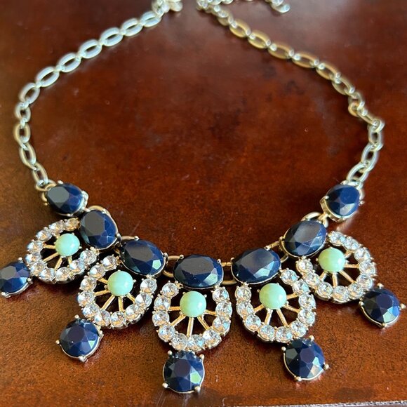J. Crew Navy Blue and Green Crystal Statement Necklace - Picture 1 of 10